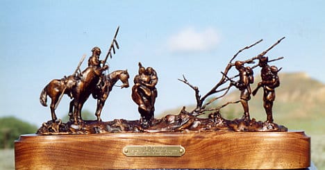 Bronze sculpture of the reunion between Sacajawea and her brother.