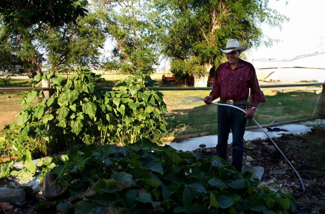 Sculptor Harvey Rattey watering his flowers.